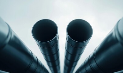 Poster - A low angle perspective showcases sleek, black metal pipes, contrasting with a bright background.