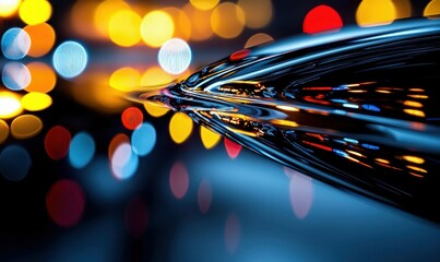 Poster - A dynamic composition showcasing a reflective metallic form with colorful bokeh lights and blur effects.