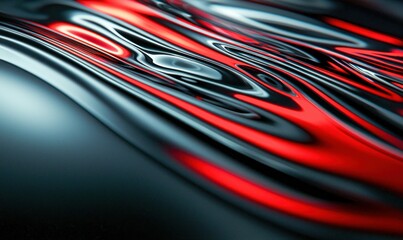 Poster - An abstract artwork featuring flowing, glossy metallic surfaces with vibrant red accents and blue hues.