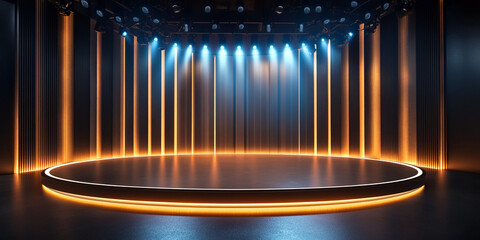 Poster - Circular stage with orange and blue lighting, dark background,  showcase, perfect for product display or presentation