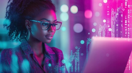 Poster - A young, stylish businesswoman with glasses works on her laptop, immersed in data analysis.