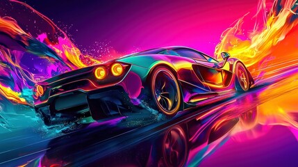 Poster - An eye-catching digital artwork featuring a neon-lit sports car speeding across a reflective surface.