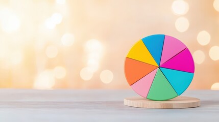 Poster - A colorful pie chart on a wooden base, set against a blurred background, symbolizing data visualization or decision-making.
