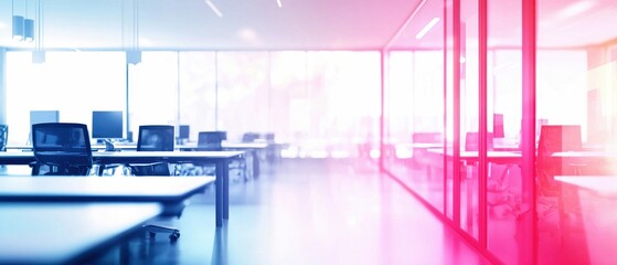 Poster - A vibrant office interior featuring desks, computers, and glass walls bathed in color gradients.