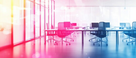 Poster - Modern office space with a vibrant color gradient and rows of desks ready to use.