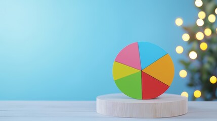 Poster - A colorful pie chart sits on a wooden pedestal against a soft blue background, with soft bokeh lights creating a pleasant atmosphere.