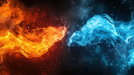 Aufkleber - Abstract fiery wallpaper design with dual elements of red and blue flames blending into swirling smoke, intense color contrast between warm and cool tones. Dynamic background concept for digital art, 