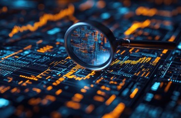 Poster - Glowing Circuit Board Data Points Under Magnifying Glass