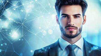 Poster - A stylish businessman in a suit, looking at the camera, with a network overlay in the background.