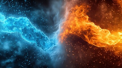Aufkleber - Abstract fiery wallpaper design with dual elements of red and blue flames blending into swirling smoke, intense color contrast between warm and cool tones. Dynamic background concept for digital art, 