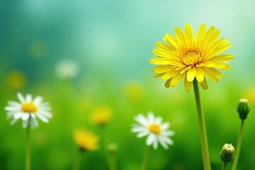 Wall Mural - one bright yellow dandelion in field of white flowers, solitary, bright