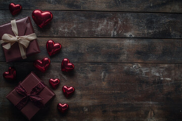 Poster - Dark wood background with red hearts and maroon gift boxes, showcasing a Valentine's Day theme, perfect for greeting cards or romantic designs, free space for text