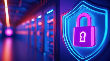 Poster - A vibrant digital representation of a secure server environment, highlighted by a glowing padlock symbol, emphasizing cybersecurity and data protection.