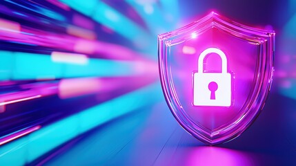 Poster - A digital shield with a lock symbolizes cybersecurity, surrounded by vibrant blue and pink light trails, representing data protection and online safety.
