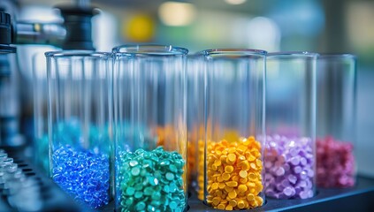 Poster - Colorful Polymer Pellets in Glass Tubes: A Close-Up View of Industrial Manufacturing Processes and Materials Science