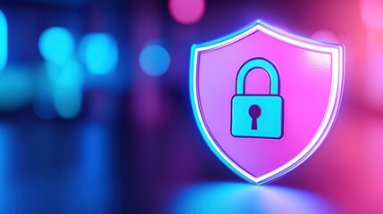 Poster - A digital shield icon featuring a padlock, symbolizing security and protection, set against a vibrant, blurred background.