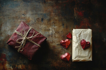 Poster - Dark rustic background with two gifts, one red, one beige, and several red hearts, suggesting Valentine's Day theme.  Free space for text.