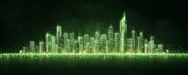 Poster - A futuristic cityscape illuminated with neon green and golden lighting