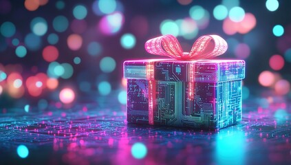 Poster - Digital Gift Box with Circuit Board Design and Festive Bow, Glowing in Neon Lights for a Tech Holiday Celebration.