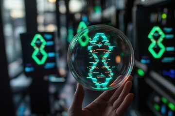 Poster - A hand holds a transparent dish displaying a glowing digital pattern, with screens in the background showcasing similar green graphics.