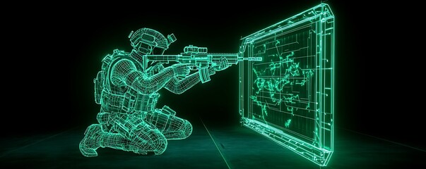 Poster - Futuristic neon soldier aiming a weapon at a digital map display