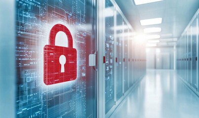Poster - A glowing red padlock overlaid on a server room door signifies data security and safety.