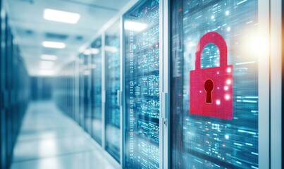 Poster - A data center hallway with a red padlock overlay, symbolizing digital security and protection.