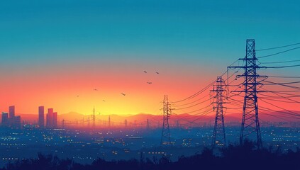Poster - Cityscape Sunset: Birds Fly Over Power Lines and Buildings at Dusk, Vibrant Colors Illuminate Urban Landscape