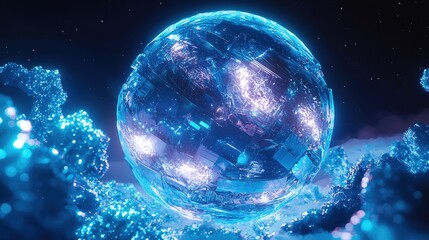 Poster - A shimmering, futuristic sphere surrounded by sparkling elements, illuminated with bright blue hues against a cosmic backdrop.