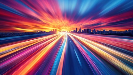 Poster - Cityscape at Sunset: High-Speed Drive Through Vibrant Colors, Dynamic Light Trails Across Urban Horizon