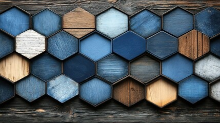 Poster - Hexagonal Wooden Mosaic: A Blue and Brown Hues Design