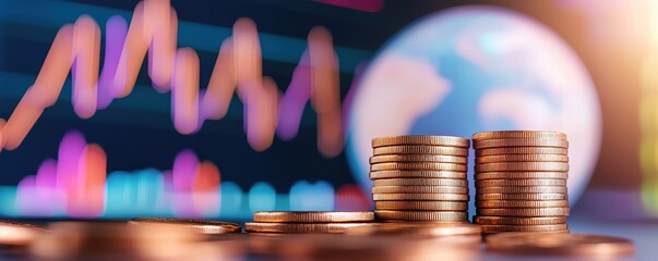 Poster - A visually striking image featuring stacks of coins in front of a globe and financial graphs, symbolizing global finance and economic growth.