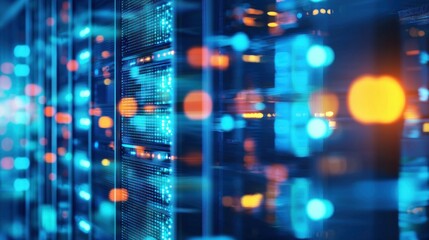 Poster - Illuminated servers in a data center create a futuristic and advanced technological display.