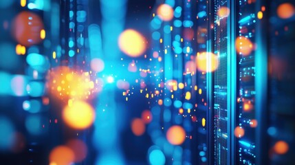 Poster - Dynamic digital data center abstract, showcasing glowing lights and modern server technology.