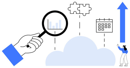 Poster - hand holding magnifying glass analyzing chart above cloud, puzzle pieces, calendar, growth arrow. id