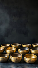 Wall Mural - array of tibetan singing bowls meticulously arranged in a serene meditation room vertical - black ba