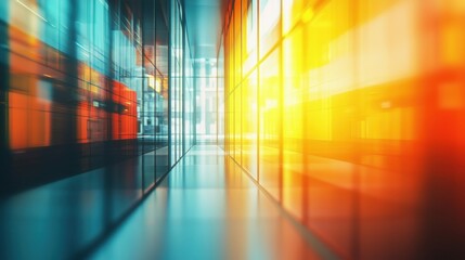 Poster - A vibrant, sunlit glass corridor in a modern building, showing a strong perspective and color.