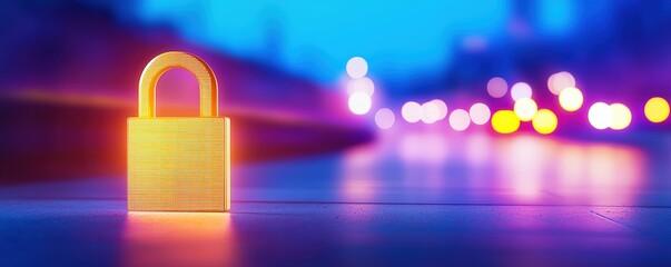 Poster - A glowing padlock stands against a blurred, colorful background of lights, symbolizing security and protection in a vibrant setting.