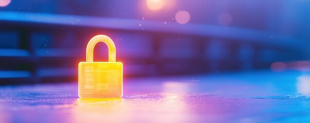 Poster - A glowing padlock stands on a reflective surface, surrounded by soft, colorful lighting, symbolizing security and digital protection.
