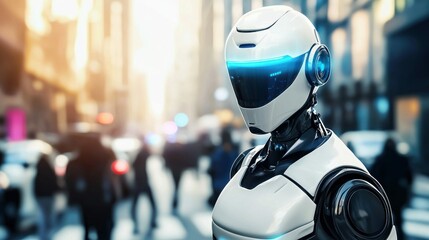 Poster - A sleek, futuristic robot stands in a bustling city, showcasing a blend of technology and human life.