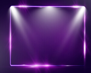 Aufkleber - Purple neon glowing rectangular frame with rounded corners, sparkles, and lens flares, placed on a transparent background. Modern and futuristic design concept.	
