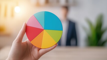 Poster - A colorful pie chart is held in a hand, with a blurred figure in a suit in the background, suggesting a focus on data presentation or business analysis.