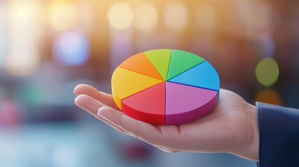 Poster - A colorful pie chart held in a hand, set against a blurred background, representing data visualization and analysis.