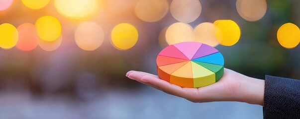 Poster - A vibrant pie chart held in a hand, set against a blurred background of warm, glowing lights, symbolizing data analysis or decision-making.