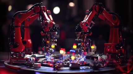 Poster - Advanced assembly line with synchronized robotic arms working in unison.