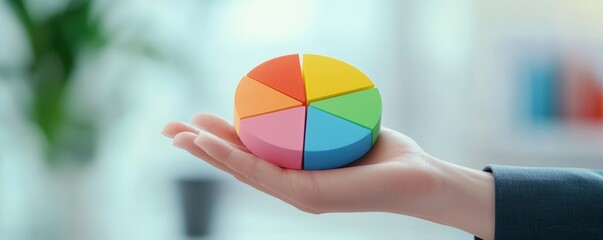 Poster - A colorful pie chart held in a hand, symbolizing data analysis and presentation, set against a blurred office background.