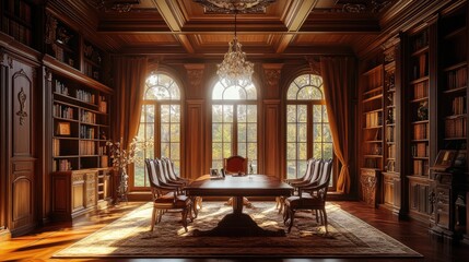Poster - An executive meeting space with floor-to-ceiling bookshelves, rich wood detailing, and a premium aesthetic.