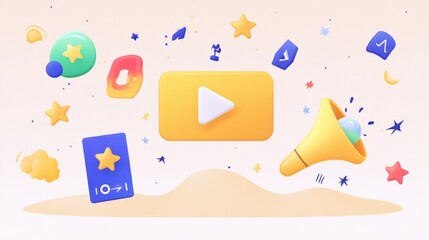 Poster - A conceptual illustration of video marketing, featuring a play button, audience engagement metrics, and creative editing.