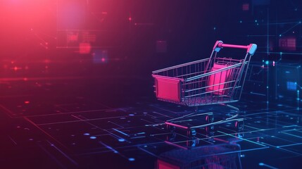 Poster - A glowing e-commerce marketing concept with online shopping carts, targeted ads, and checkout optimization.