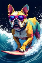 Poster - A vibrant, stylized French Bulldog surfs a wave, sporting pink sunglasses, against a dark, splattered background